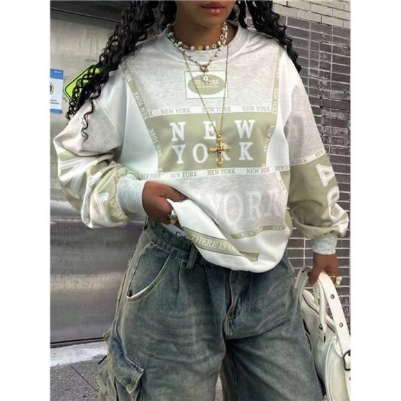 Rovax Women's Casual Letter Print Loose Fit Crew Neck Long Sleeve Sweatshirt, - Picture 1 of 7